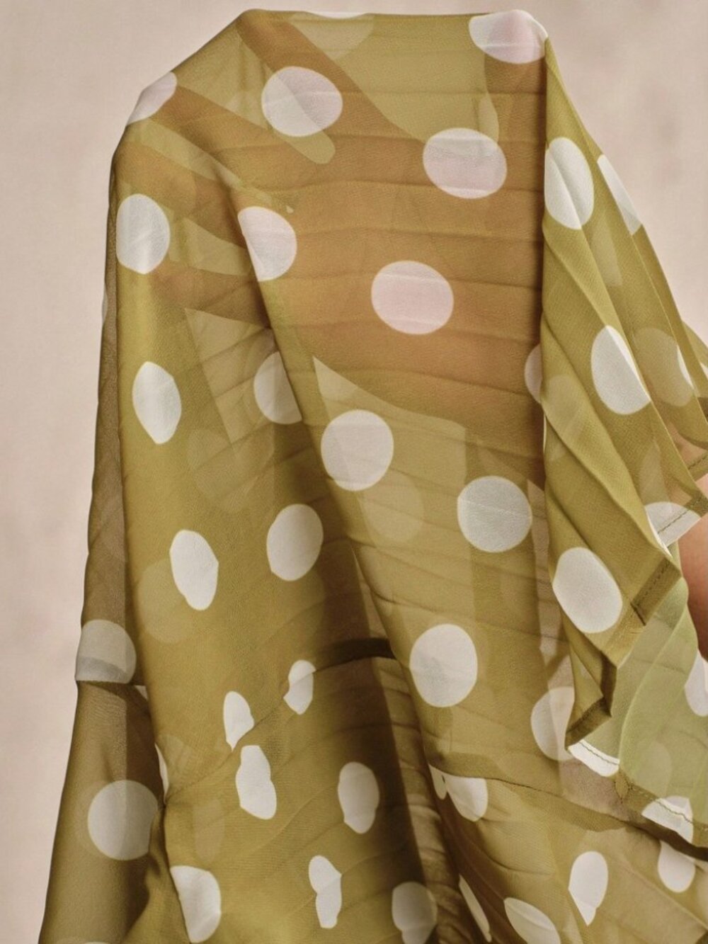 Green Polka Dot Chiffon Tie-Neck Pleated Bishop Sleeve Top - Picture 8 of 8